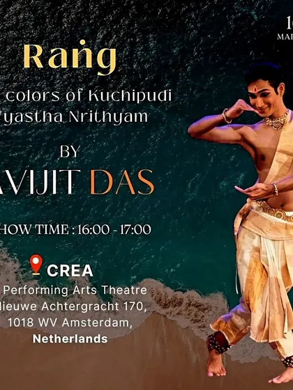 The poster for my performance of 'Raṅg' at the CREA Performing Arts Theatre in Amsterdam, Netherlands.