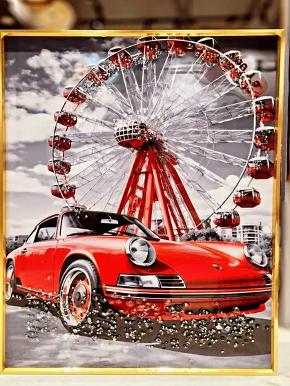A unique crystal painting that blends vintage and modern aesthetics, featuring a classic red car before a Ferris wheel. The sparkling details on this 16x24 inch piece add a touch of glamour and fun.