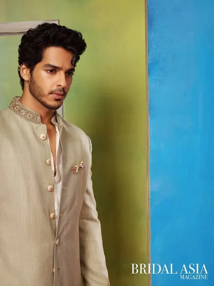 A sophisticated shot of Ishaan Khatter for Bridal Asia. The clean grooming ensures that the focus remains on his expression and the impeccable styling.