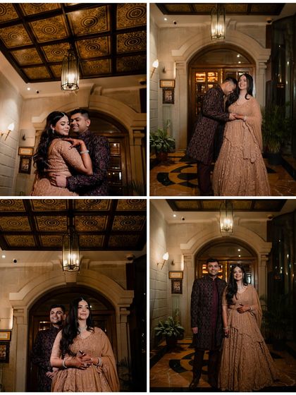 A collage of romantic portraits of the couple in a beautifully lit hallway during their Sangeet night.