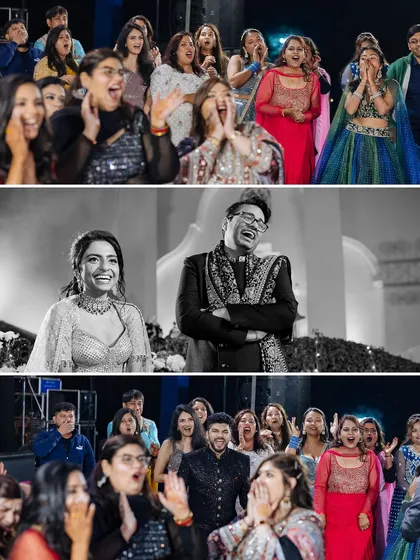A collage capturing the surprised and joyful reactions of the bride and guests during a sangeet performance.