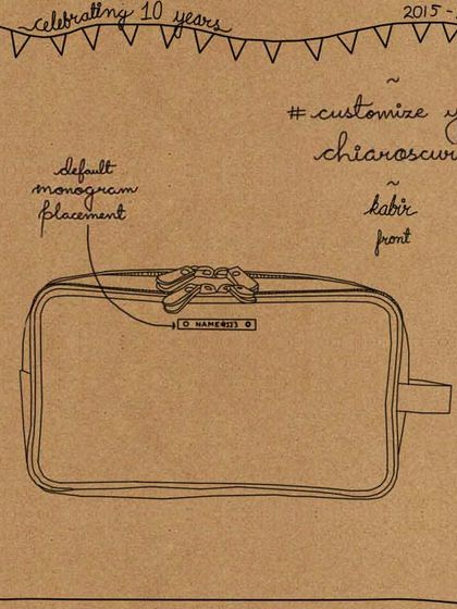 The Kabir wash kit is a perfect canvas for personalization. This sketch shows the default monogram placement on the front top center, making it a great personalized gift for him or for yourself.