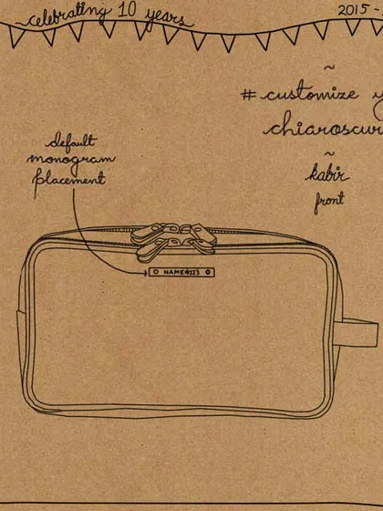 The Kabir wash kit is a perfect canvas for personalization. This sketch shows the default monogram placement on the front top center, making it a great personalized gift for him or for yourself.