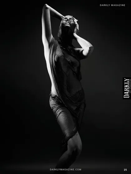 A full-length view of the sculptural posing in the 'Elegy in Motion' editorial for Darkly Art Magazine.