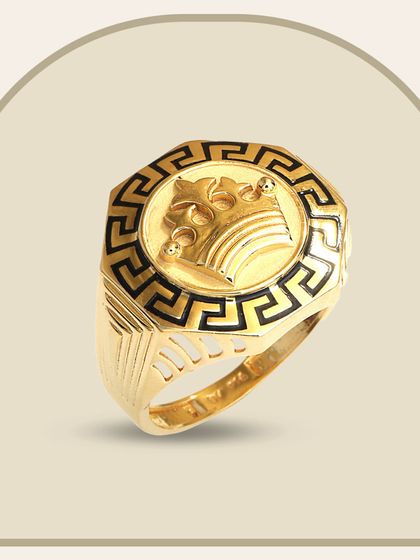 A ring fit for a king. This men's signet ring features a royal crown emblem at its center, framed by a black enamel Greek key pattern. It's a statement of confidence and authority, crafted in pure gold.