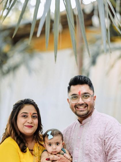 A classic family portrait from Saanvi's birthday celebration. We make sure to get beautifully composed shots of the family together, creating a timeless memory of the special day.