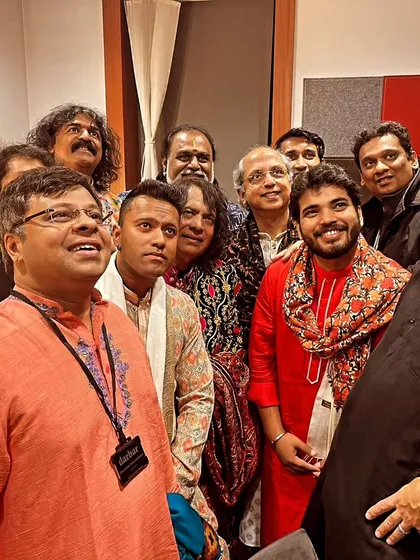 A candid group photo with all the amazing musicians at the Darbar Festival. It feels like a grand family reunion.