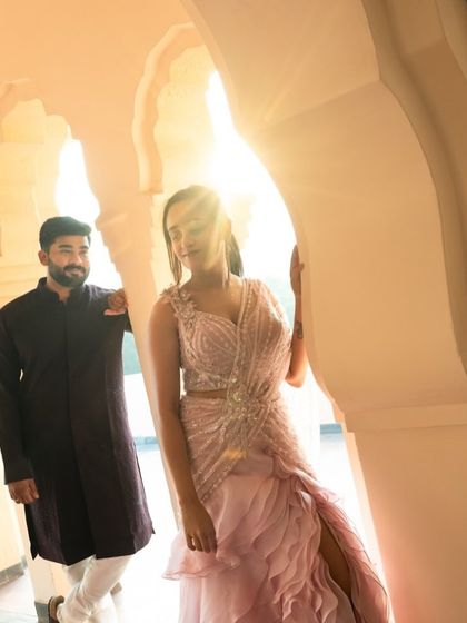 More images from engagement ceremonies and pre wedding shoots. This collection showcases a wide range of styles and color palettes, from playful and romantic to bold and regal, all custom designed for the couple's celebration.