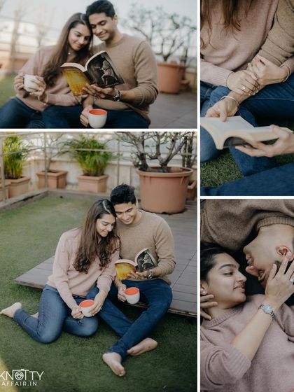 A collage of a lazy afternoon spent reading and relaxing together. It tells a story of shared hobbies and comfortable silence, a beautiful part of any long-term relationship.