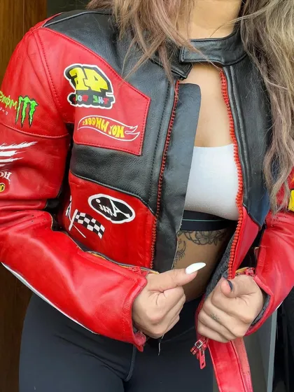 A full look at the front of the custom biker jacket.