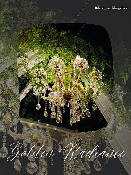 A "Golden Radiance" collage featuring a crystal chandelier nestled in greenery, showcasing how lighting can be integrated into natural elements.