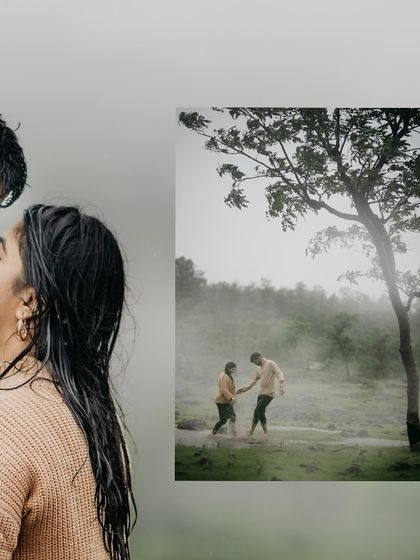 A collage of a couple's rainy day pre-wedding shoot, focusing on their close connection and the misty, romantic atmosphere.