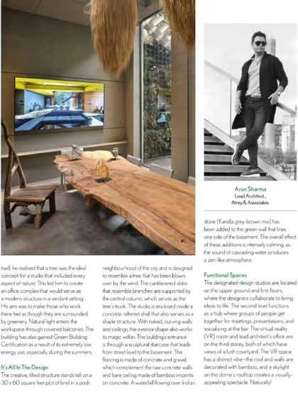 A feature detailing the functional aspects of the design studio. It describes how the different floors are organized for collaboration and creative work, and how the building achieved Green Building Certification due to its energy-efficient design and use of natural light.