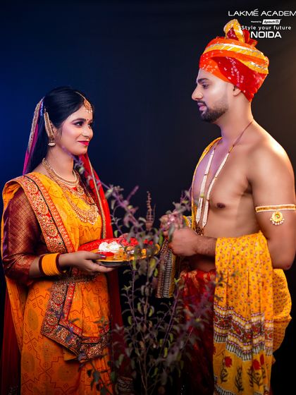 A portrait of a couple celebrating Tulsi Vivah. This showcases our ability to do makeup for both men and women, a valuable skill for any professional artist.