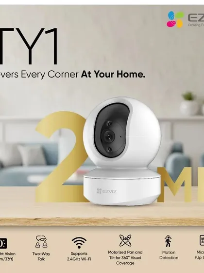 The EZVIZ TY1 is a 2MP indoor camera that covers every corner of your home. It features smart night vision, two-way talk, and 360-degree visual coverage, all accessible from your phone.