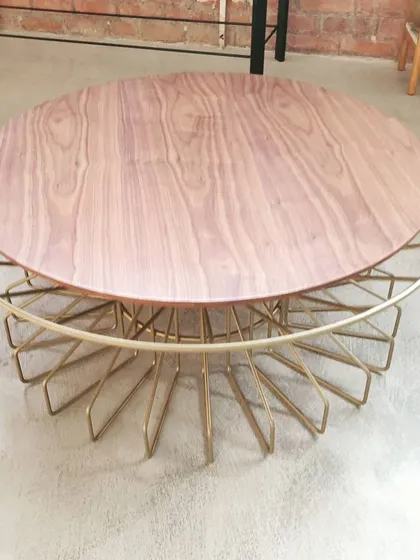 The Bloom coffee table combines a delicate, handcrafted metal wire base with a smooth wood top. The intricate gold-finished frame provides an airy, sculptural feel while offering sturdy support.