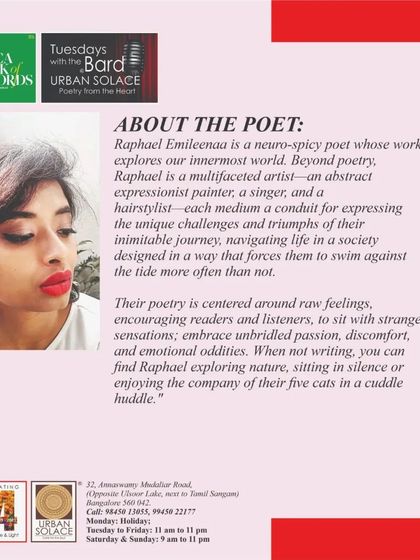 A bio of the neuro-spicy poet Raphael Emileenaa, a multifaceted artist whose work explores their innermost world.