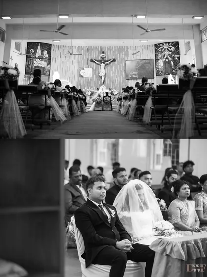A black and white collage of the church ceremony, capturing the solemnity and sacredness of the vows being exchanged.