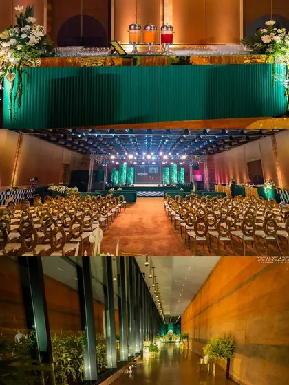 For the Sangeet, we transformed the ballroom at Alila Diwa Goa into a glamorous stage. The setup included a large performance stage, extensive lighting rigs, and a clear view for all guests to enjoy the show.