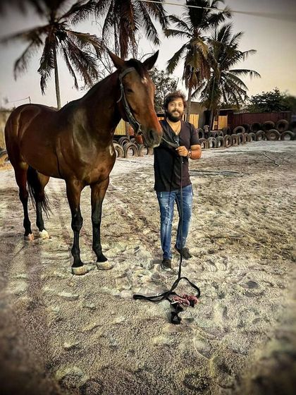 Me with one of our tall, elegant thoroughbreds in the arena. These horses are athletes, and it's a privilege to work with them.