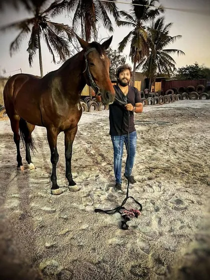 A rider posing with his handsome brown horse in the sand arena, with our signature palm trees in the background.