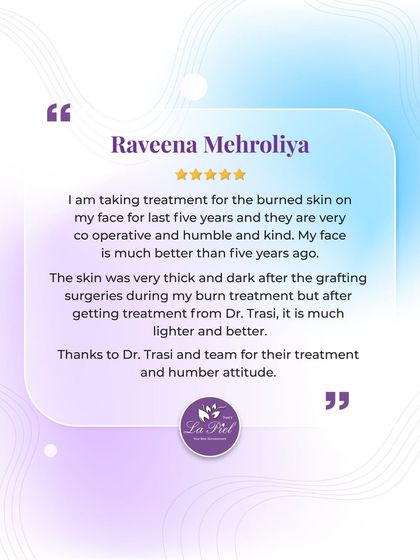 This patient came to us for treatment for burned skin and shares that her face is "much lighter and better" than it was five years ago. We are humbled by her thanks and her trust in our team's ability to manage complex skin issues.