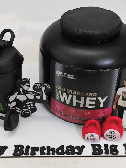 A different angle of the 3D whey protein cake, showing the detailed sculpting and realistic finish. This is a great example of a cake that looks like a real object, perfect for a surprise birthday.