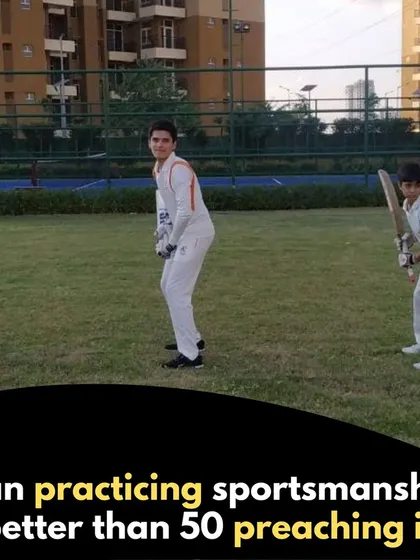 Sportsmanship is a core value we teach. Here, players practice their batting stance, learning not just the techniques of cricket but also the importance of respecting the game and their opponents.