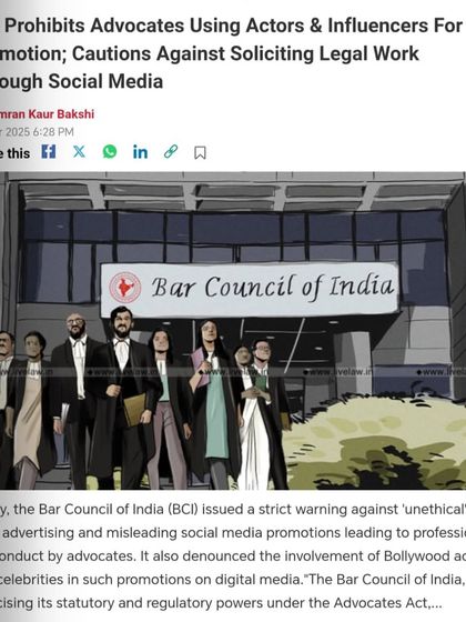 An article from the Bar Council of India prohibiting advocates from using actors and influencers for promotion. This reinforces the ethical standards of the legal profession.