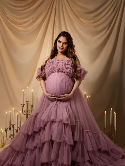 A full-frontal view, showcasing the stunning design of the gown and the beauty of the baby bump.