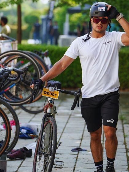 Getting ready in the transition area of the duathlon. Every second counts, and being organized is part of the race strategy.