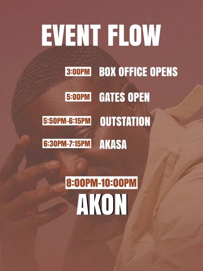 The 'Event Flow' graphic from the Akon concert guide. This clearly lays out the schedule for the entire evening, a crucial piece of information that helps manage audience expectations and flow.