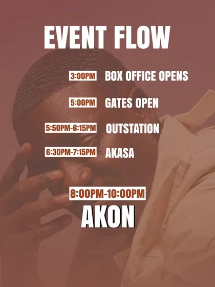 The 'Event Flow' graphic from the Akon concert guide. This clearly lays out the schedule for the entire evening, a crucial piece of information that helps manage audience expectations and flow.