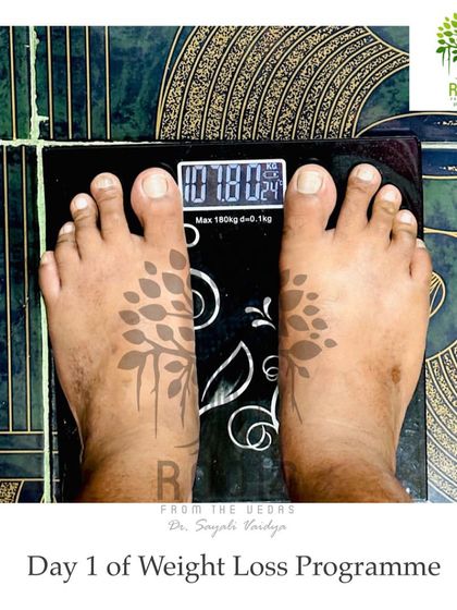 Day 1 of the program, weighing in at 107.8 kgs. The initial changes already started showing results, motivating the client to continue with discipline.