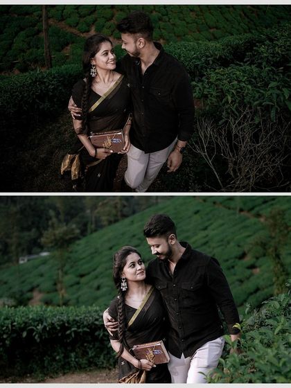 Two more shots from the tea garden, one from above and one closer up, showing the couple's loving gaze.