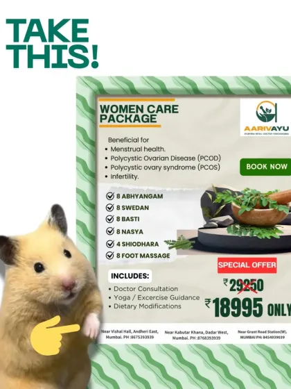 We understand the unique health challenges women face. Our Women Care Package is a holistic program designed to naturally manage hormonal imbalances like PCOS and PCOD, regulate menstrual cycles, and support fertility. It combines therapies like Abhyangam, Basti, and Shirodhara with expert doctor consultations and dietary guidance.
