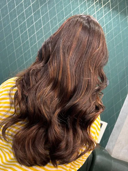 A back view of this gorgeous hair refresh. The mix of brown and copper tones creates a warm, autumnal feel, styled in long, flowing waves.