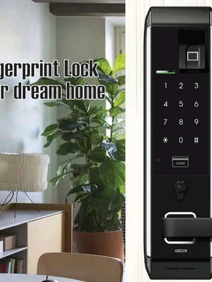 Here is a look at how our sleek, modern fingerprint lock can elevate your home's entrance. This digital lock with a handle combines high-end security with a sophisticated design, fitting perfectly into the aesthetic of a contemporary dream home.