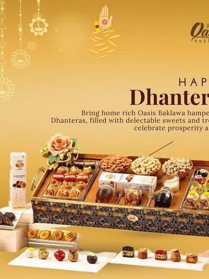 Happy Dhanteras. This image displays a grand festive tray, filled with our delectable sweets, dry fruits, and honey, to help you celebrate prosperity and joy.
