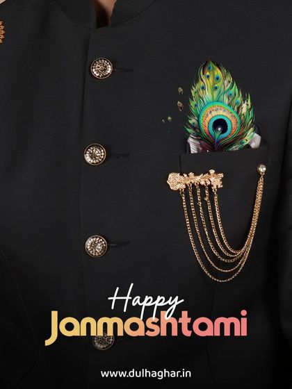 A close-up of a black Bandhgala jacket, featuring a peacock feather pocket square and a gold brooch, showcasing our accessory options.