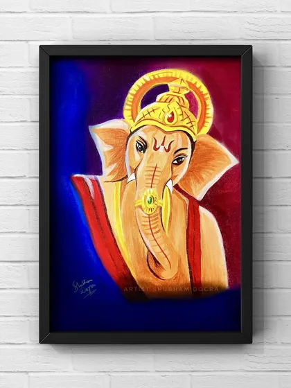 A framed acrylic painting of Lord Ganesha on canvas. The bold use of red and blue in the background makes the golden hues of Ganpati Bappa stand out.