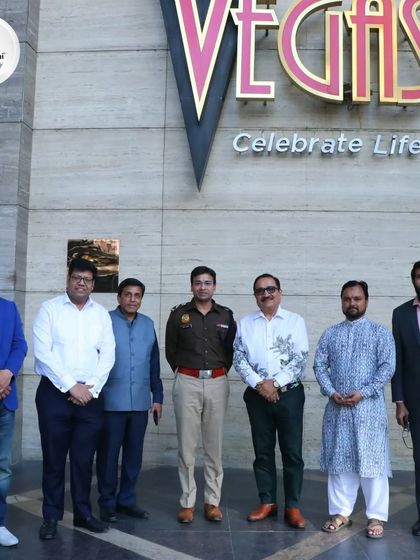 A group photo with our chief guests in front of Vegas Mall, the venue for our grand art exhibition.