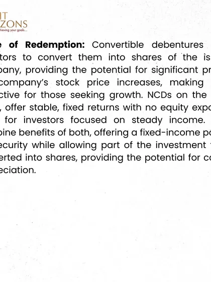 This slide from our bulletin explains the different modes of redemption for debentures. We compare convertible debentures, which offer growth potential, with non-convertible debentures (NCDs), which provide steady income.