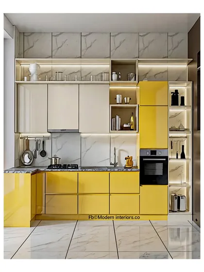 I believe kitchens should be happy spaces, and this design is all about sunshine. I used high-gloss yellow laminate for a bold, cheerful look, paired with white overhead cabinets to keep it feeling bright and airy. This compact modular kitchen is factory-finished, ensuring a perfect fit and quick, clean installation.