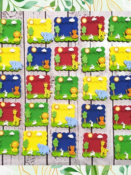 These colorful foam photo frames are perfect for a jungle-themed party. They come in various colors and feature cute animal designs like lions, elephants, and giraffes.
