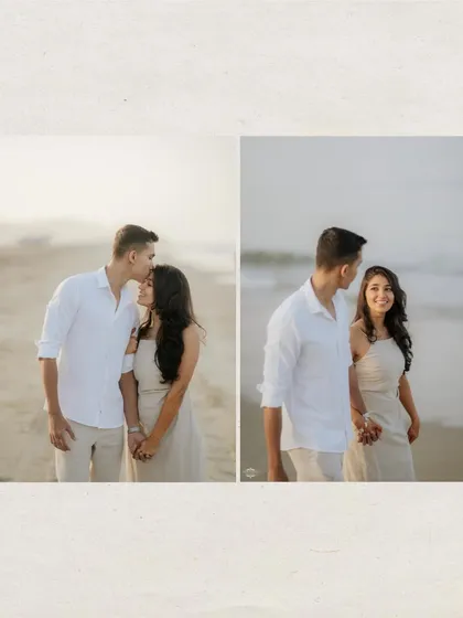 Two gentle moments from a pre-wedding shoot on the beach. These soft-focus, intimate portraits are perfect for capturing the couple's quiet connection.