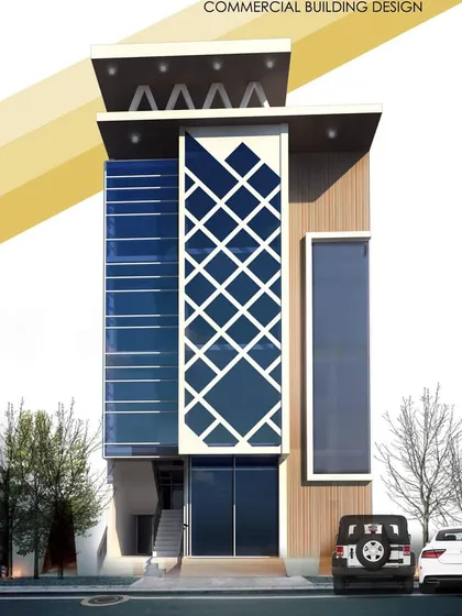 A design proposal for a commercial building in Najafgarh, Delhi. The facade uses a combination of glass, a decorative jali screen, and wood-finish panels to create a modern and inviting storefront.