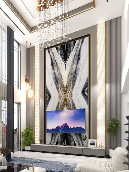 Another option for the luxury TV unit in the double-height hall, this design features a different marble pattern and chandelier, showcasing my ability to provide variations.