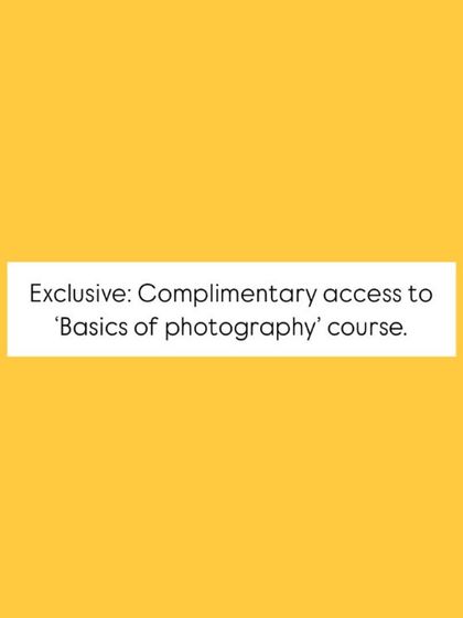 A graphic offering complimentary access to the "Basics of Photography" course with workshop registration.