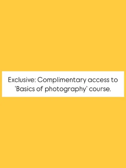 A graphic offering complimentary access to the "Basics of Photography" course with workshop registration.